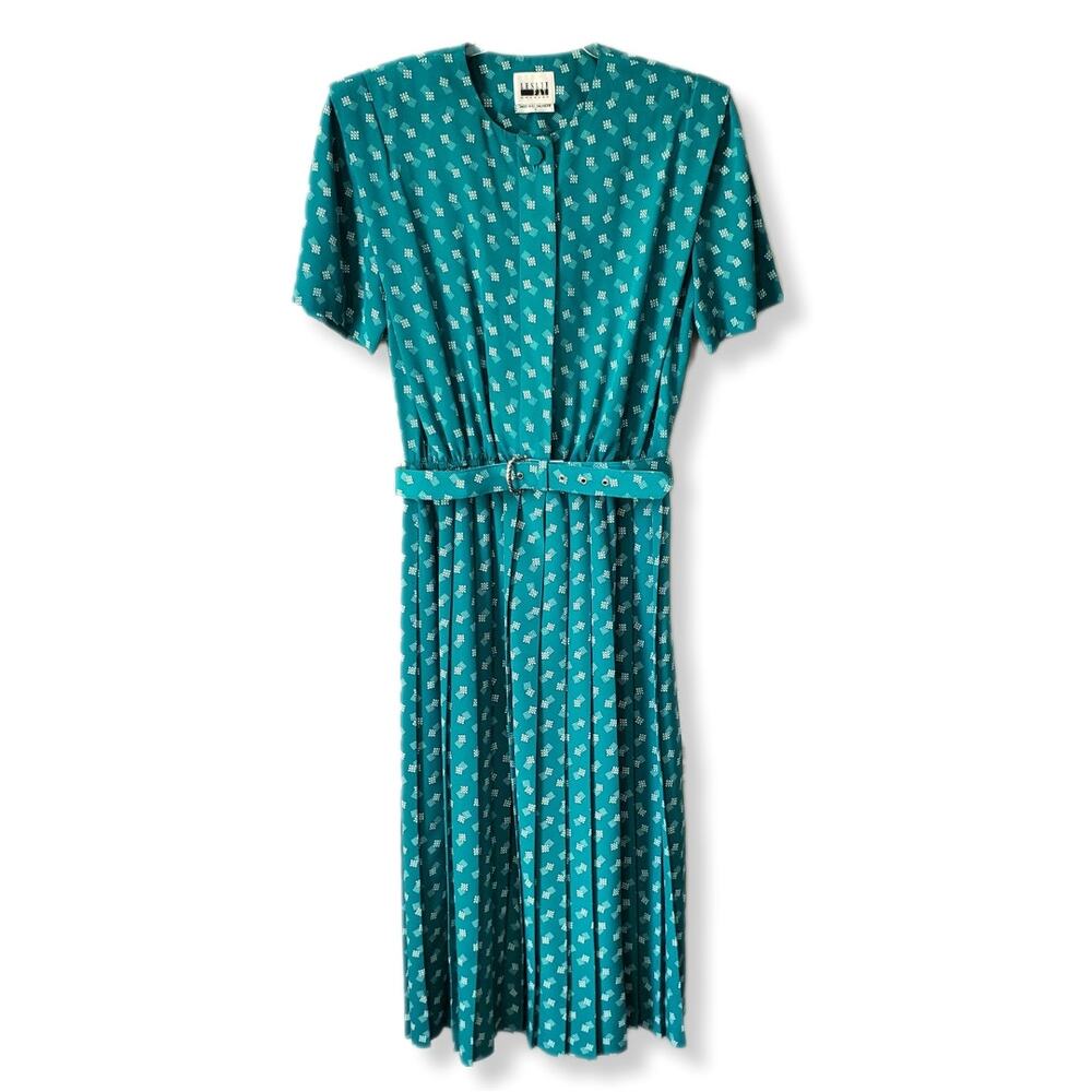 VTG 80s Leslie Fay Teal Print Midi Shirt Dress M Belt Pleat Skirt Retro Career